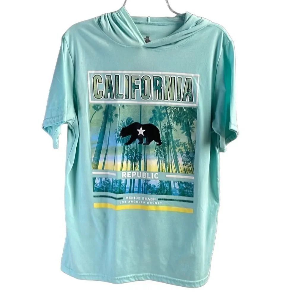 LAUNDER Ladies Hooded Short Sleeve Tshirt California Venice Beach Green Size Med